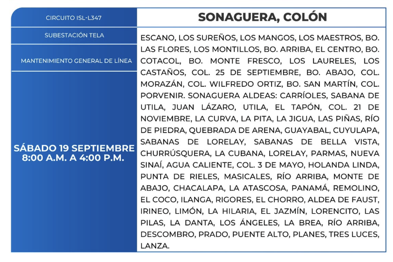 Cortes de energía programados en Sonaguera, Colón.